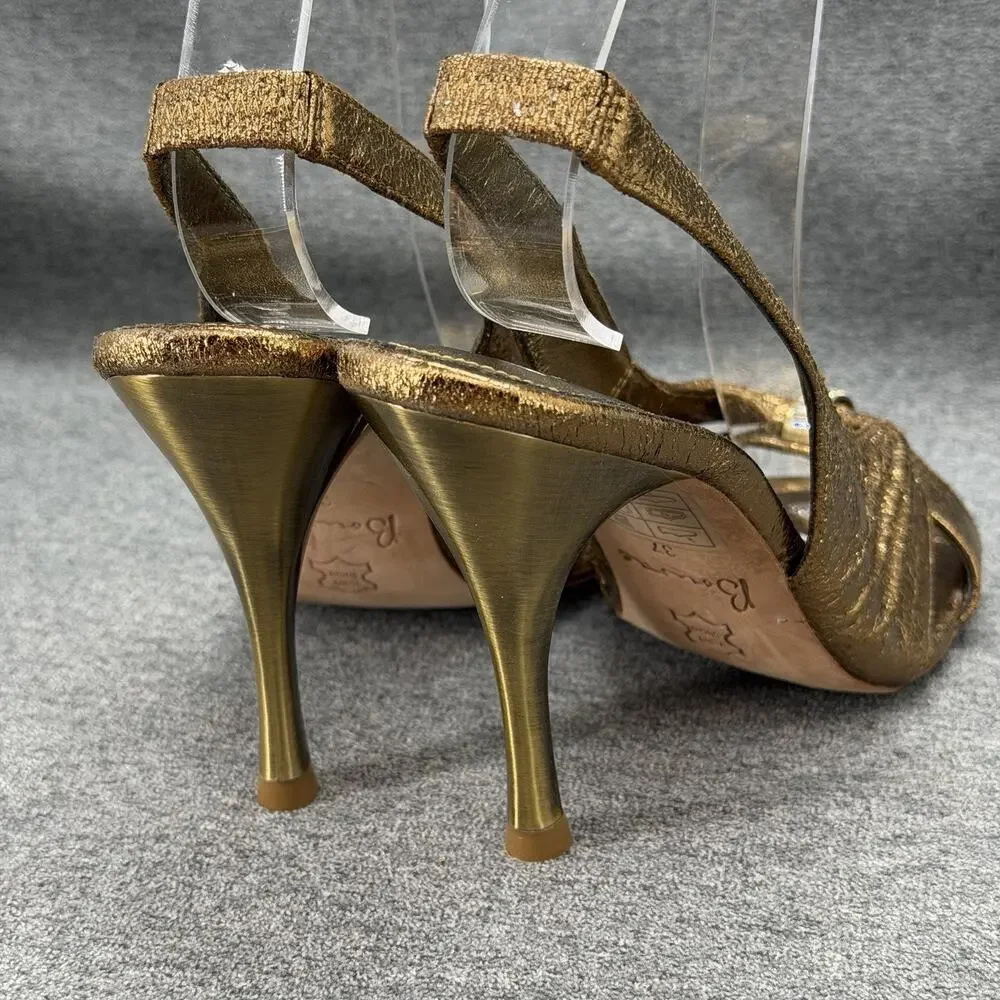 Bourne Leather Slingback Peep Toe Shoes Size 37 Metallic Gold Rhinestone Heels